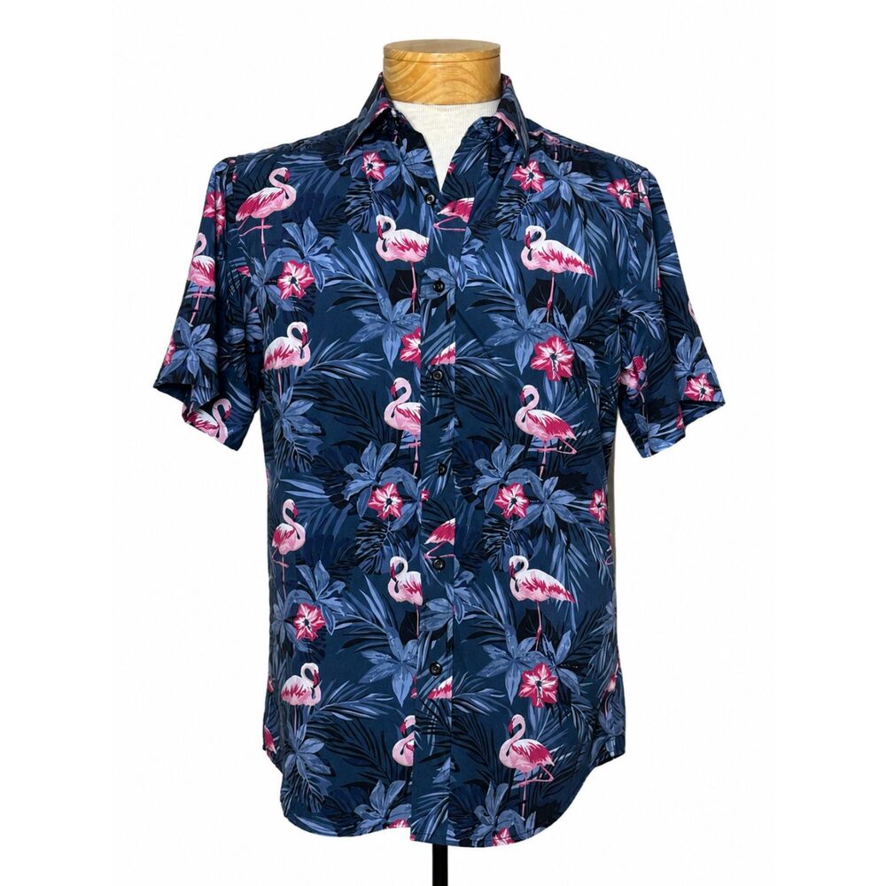Envmenst Flamingo Hawaiian Button Up Short Sleeve Camp Shirt Navy Blue SM Aloha
